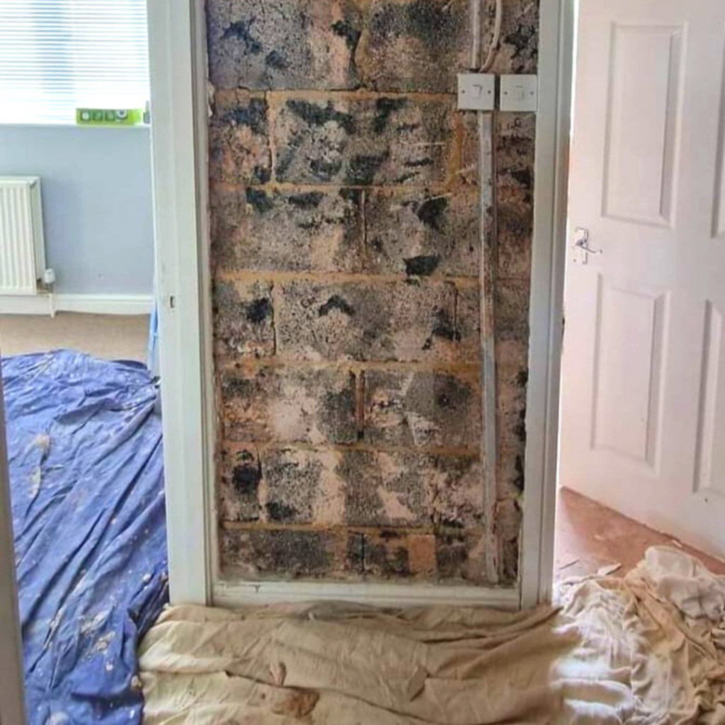 Bare brickwork, prepped for wet plastering