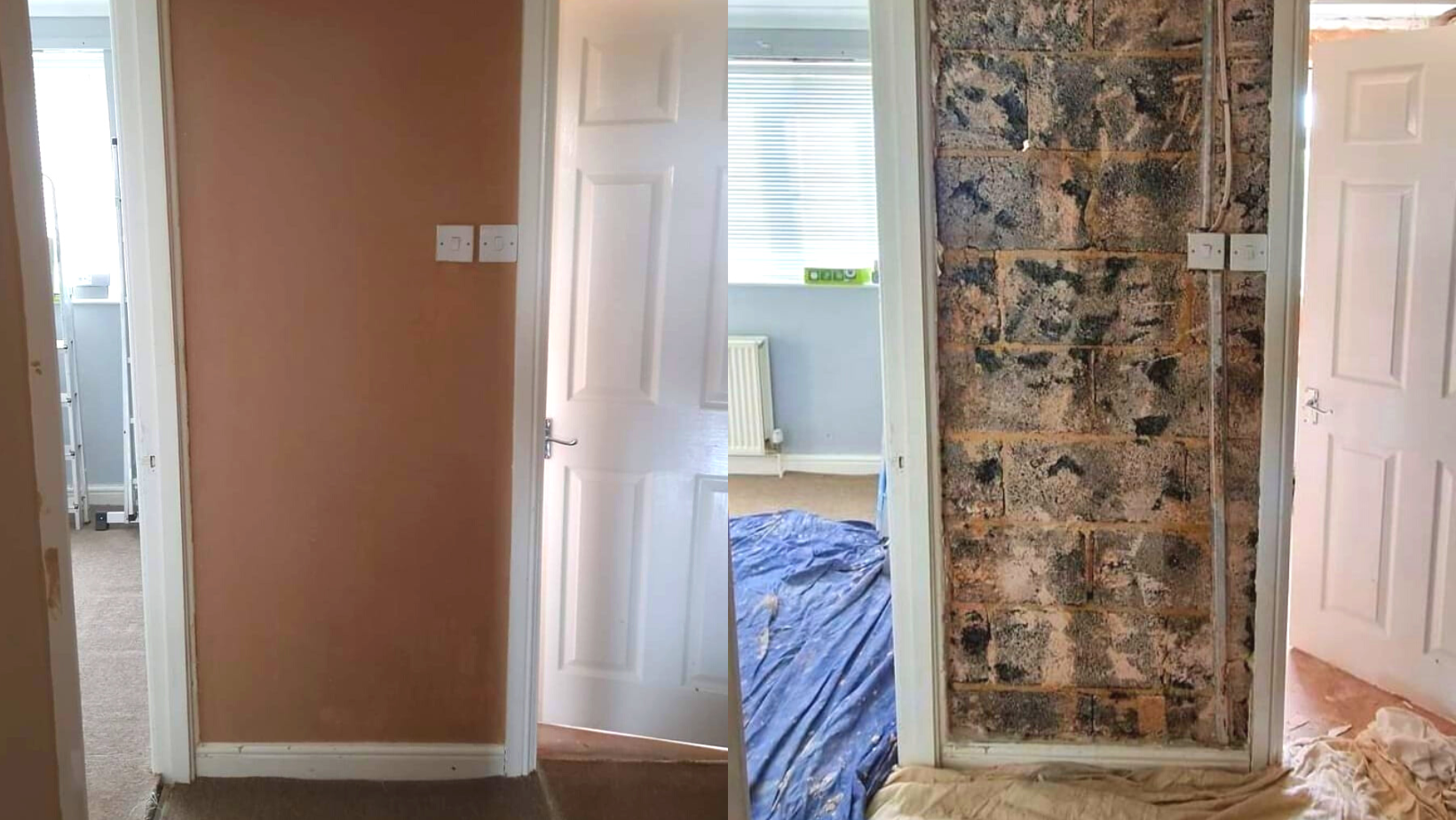 Two images, one showing a freshly skimmed wall and the other showing the bare brick before float and set plaster